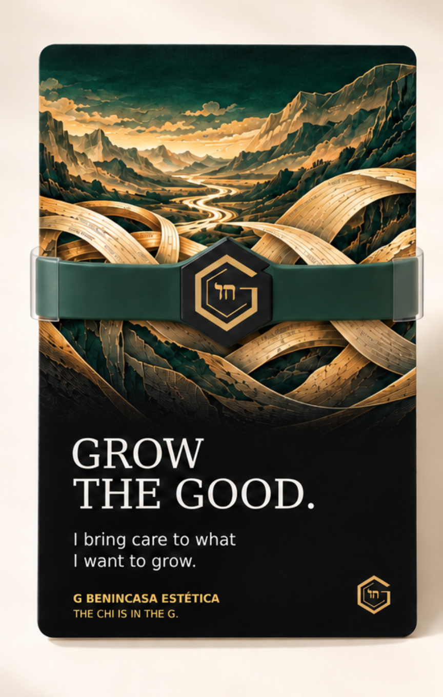 Retail presentation concept for Grow the Good: one wristband held across its matching companion card by a retainer.