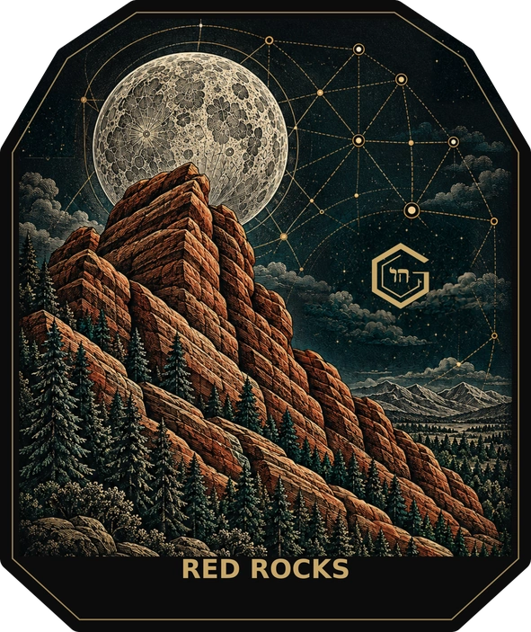 Red Rocks sticker: the unchanged title-only moonlit sandstone illustration.
